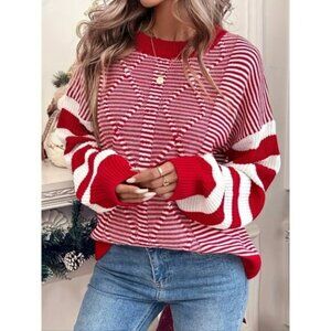 Women's Elegant Red & White Striped Long Sleeve Pullover Sweater - Round Neck Ca